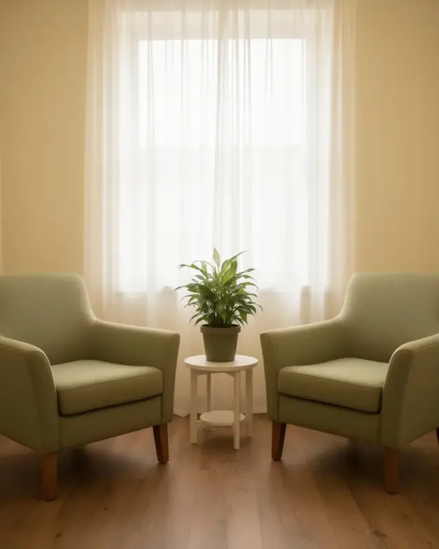 Two facing armchairs in a calm therapy office